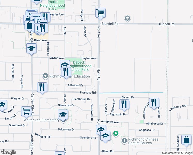 map of restaurants, bars, coffee shops, grocery stores, and more near 8731 Number 4 Road in Richmond