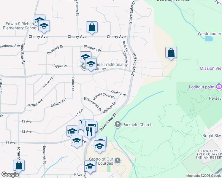 map of restaurants, bars, coffee shops, grocery stores, and more near 33773 Knight Avenue in Mission