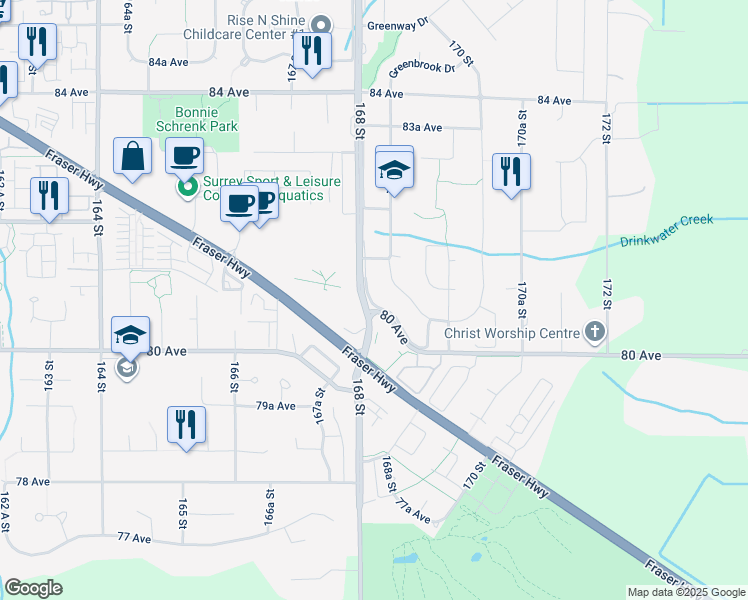 map of restaurants, bars, coffee shops, grocery stores, and more near 8066 168 Street in Surrey
