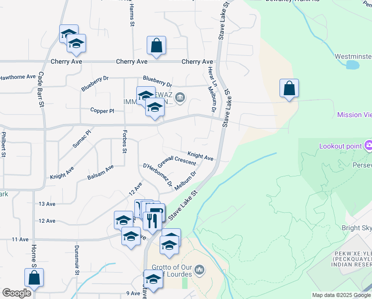 map of restaurants, bars, coffee shops, grocery stores, and more near 33765 Knight Avenue in Mission