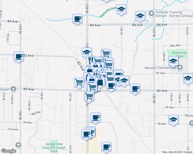 map of restaurants, bars, coffee shops, grocery stores, and more near 8128 128 Street in Surrey
