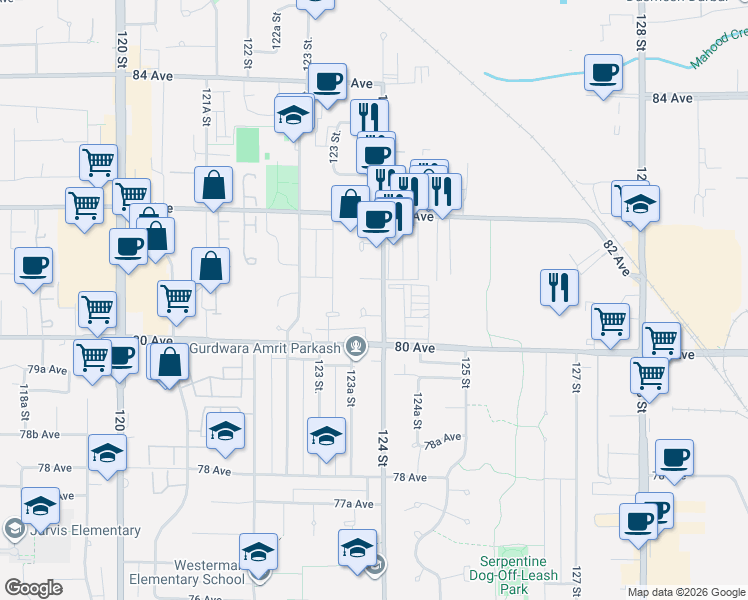 map of restaurants, bars, coffee shops, grocery stores, and more near 8069 124 Street in Surrey