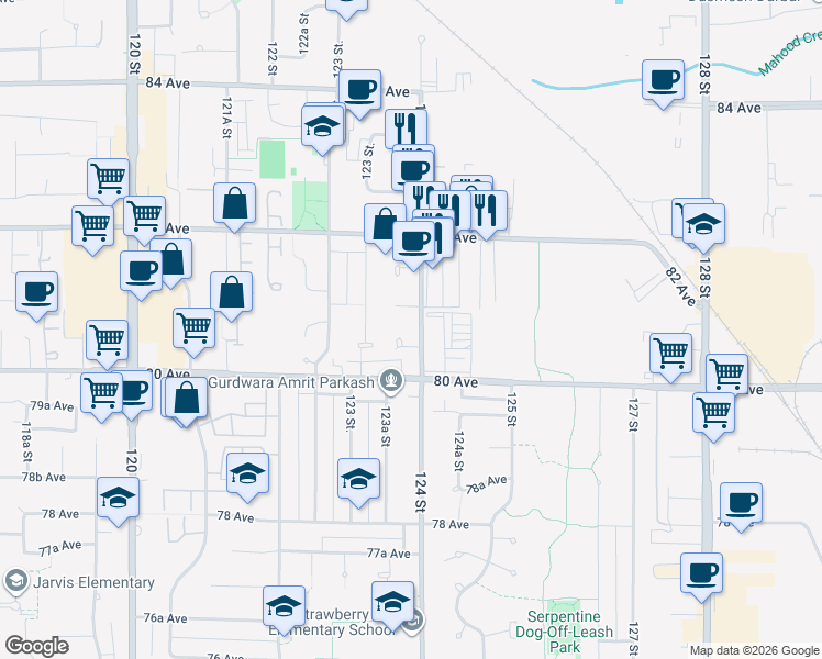 map of restaurants, bars, coffee shops, grocery stores, and more near 8069 124 Street in Surrey