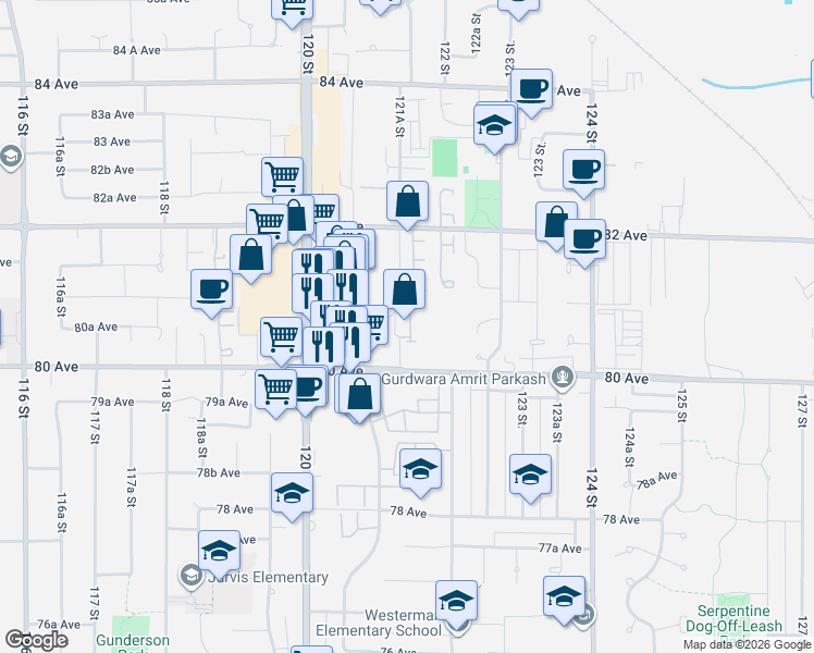 map of restaurants, bars, coffee shops, grocery stores, and more near 8060 121A Street in Surrey