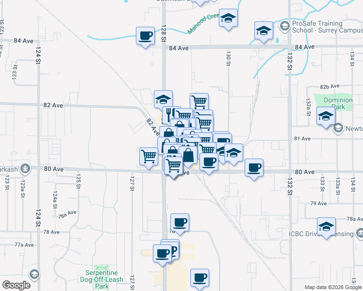 map of restaurants, bars, coffee shops, grocery stores, and more near 8128 128 Street in Surrey