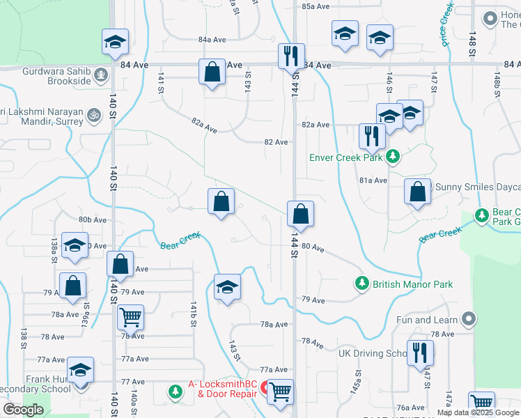 map of restaurants, bars, coffee shops, grocery stores, and more near 8078 Redtail Court in Surrey
