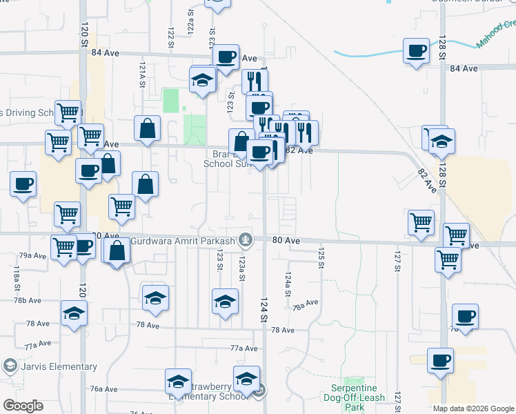 map of restaurants, bars, coffee shops, grocery stores, and more near 8069 124 Street in Surrey
