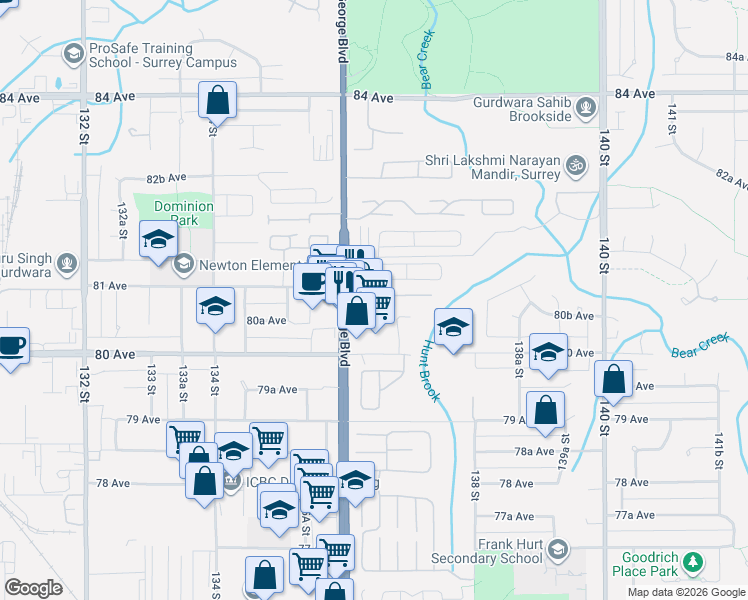 map of restaurants, bars, coffee shops, grocery stores, and more near 8033 136A Street in Surrey