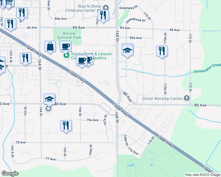 map of restaurants, bars, coffee shops, grocery stores, and more near 16705 Fraser Highway in Surrey