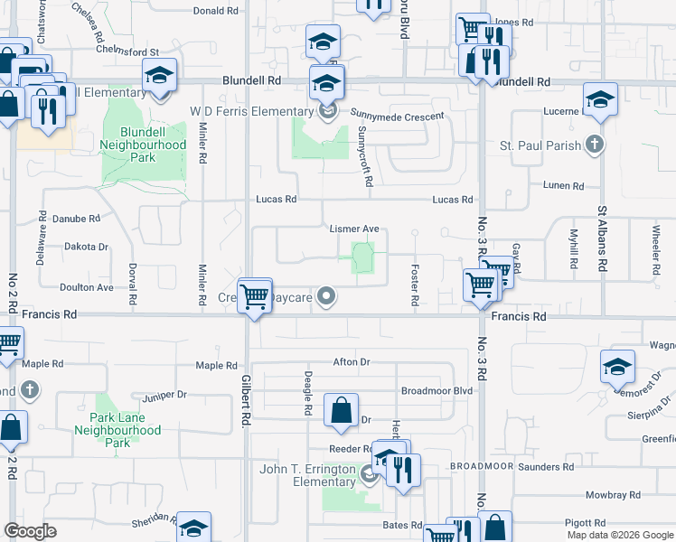map of restaurants, bars, coffee shops, grocery stores, and more near 8771 Cullen Crescent in Richmond