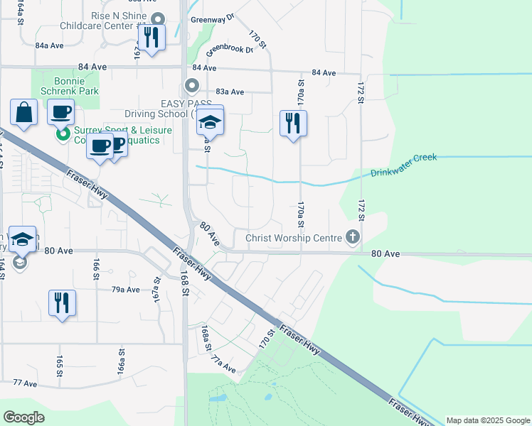 map of restaurants, bars, coffee shops, grocery stores, and more near 8095 170 Street in Surrey