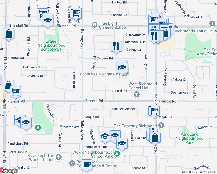map of restaurants, bars, coffee shops, grocery stores, and more near 8660 Carrick Road in Richmond