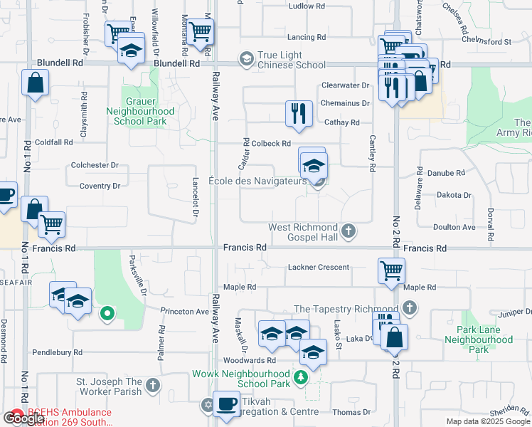 map of restaurants, bars, coffee shops, grocery stores, and more near 8671 Carrick Road in Richmond