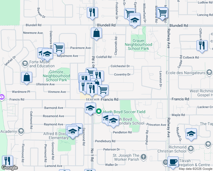 map of restaurants, bars, coffee shops, grocery stores, and more near 8880 Number 1 Road in Richmond