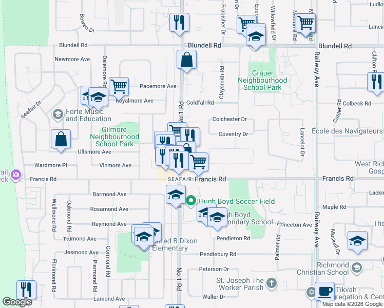 map of restaurants, bars, coffee shops, grocery stores, and more near 8860 Number 1 Road in Richmond