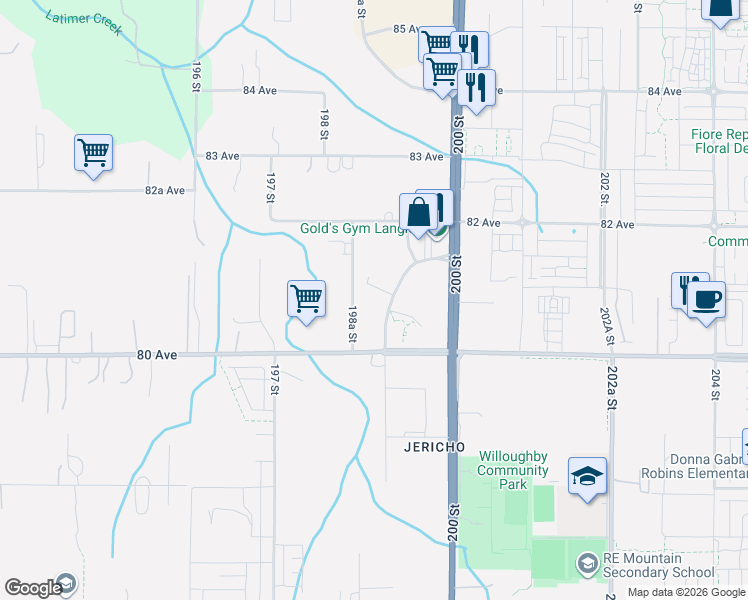 map of restaurants, bars, coffee shops, grocery stores, and more near 8063 199 Street in Langley Township