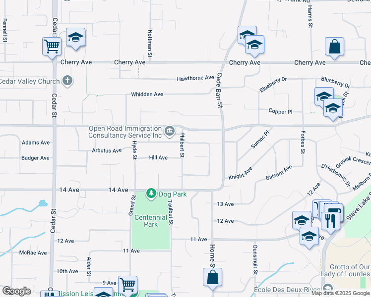 map of restaurants, bars, coffee shops, grocery stores, and more near 8134 Philbert Street in Mission