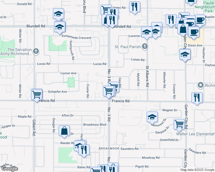 map of restaurants, bars, coffee shops, grocery stores, and more near 8631 Number 3 Road in Richmond