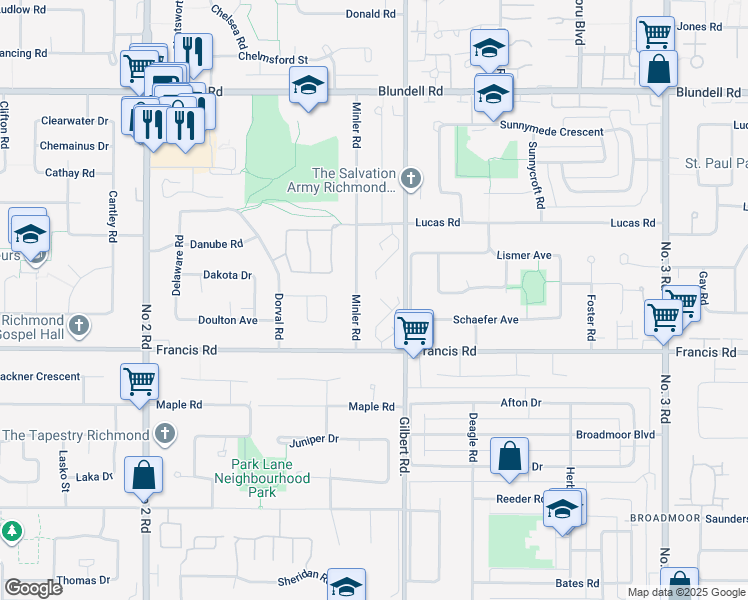 map of restaurants, bars, coffee shops, grocery stores, and more near 6871 Francis Road in Richmond