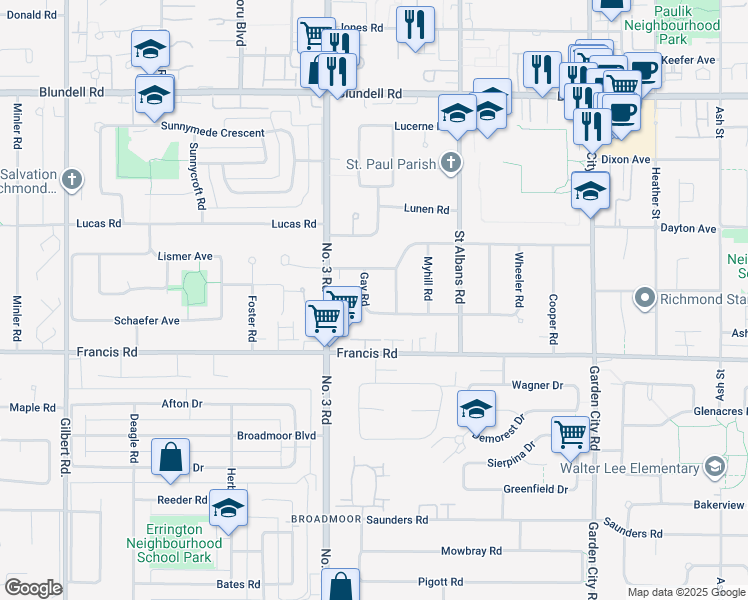 map of restaurants, bars, coffee shops, grocery stores, and more near 8840 Gay Road in Richmond