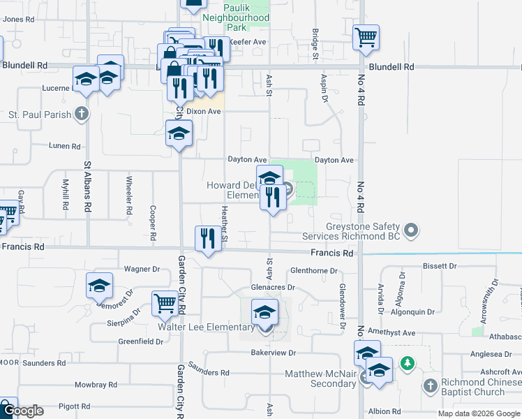 map of restaurants, bars, coffee shops, grocery stores, and more near 9388 Dolphin Avenue in Richmond
