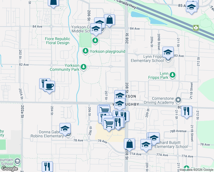map of restaurants, bars, coffee shops, grocery stores, and more near 5088 207 Street in Langley Township