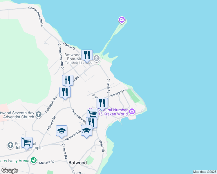 map of restaurants, bars, coffee shops, grocery stores, and more near Church Road in Botwood