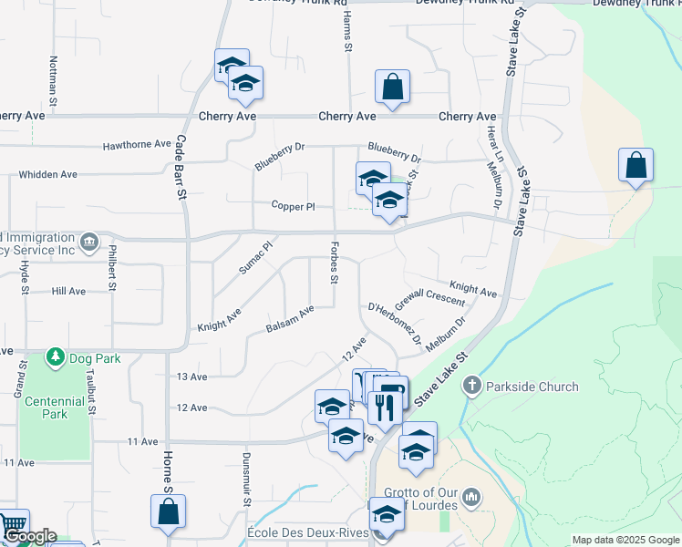 map of restaurants, bars, coffee shops, grocery stores, and more near 8124 Forbes Street in Mission