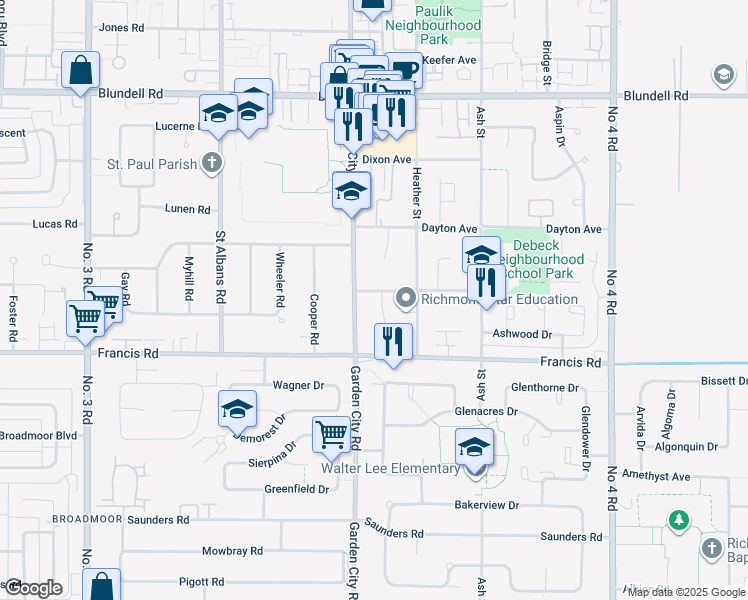 map of restaurants, bars, coffee shops, grocery stores, and more near 8631 Dolphin Court in Richmond