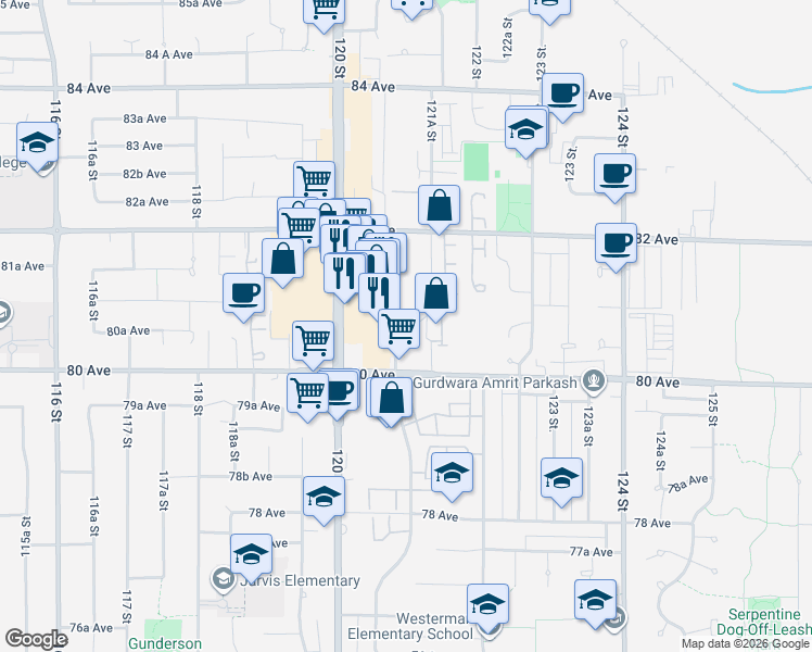 map of restaurants, bars, coffee shops, grocery stores, and more near 8068 120A Street in Surrey