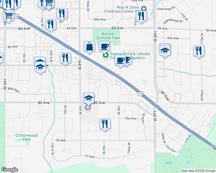 map of restaurants, bars, coffee shops, grocery stores, and more near 165A Street in Surrey