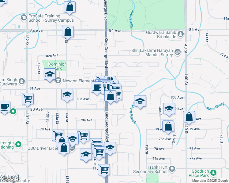 map of restaurants, bars, coffee shops, grocery stores, and more near 2 King George Boulevard in Surrey