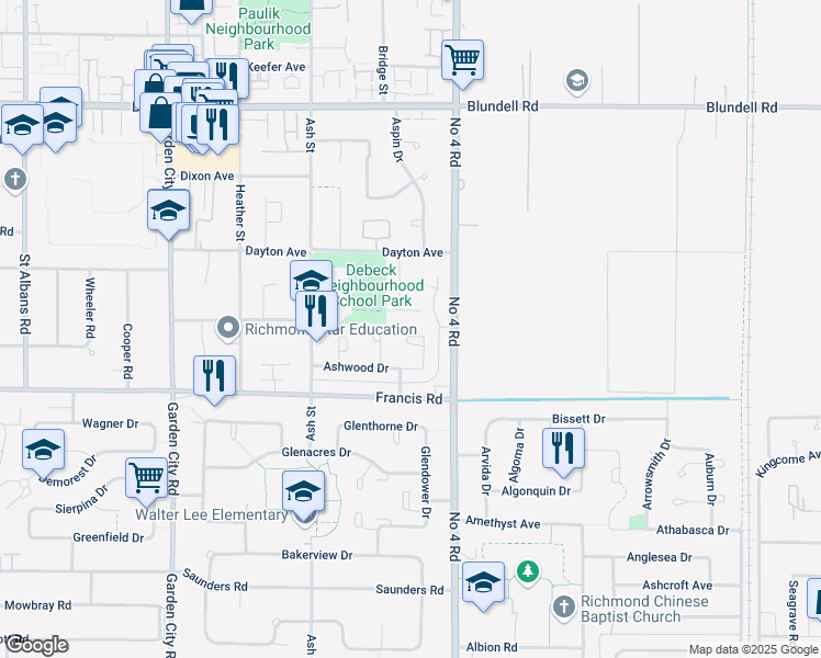 map of restaurants, bars, coffee shops, grocery stores, and more near 9971 Ashwood Drive in Richmond