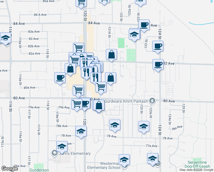 map of restaurants, bars, coffee shops, grocery stores, and more near 8068 120A Street in Surrey