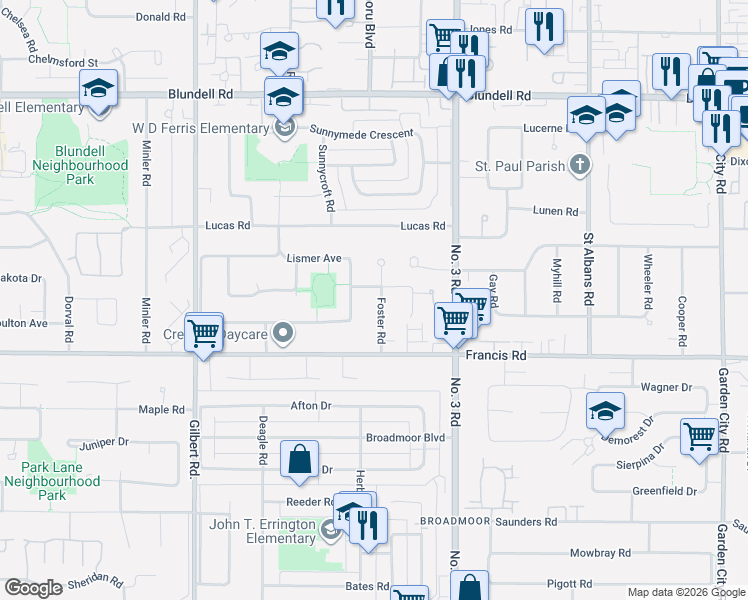 map of restaurants, bars, coffee shops, grocery stores, and more near 8831 Foster Road in Richmond