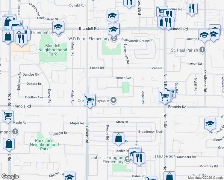 map of restaurants, bars, coffee shops, grocery stores, and more near 8711 Cullen Crescent in Richmond