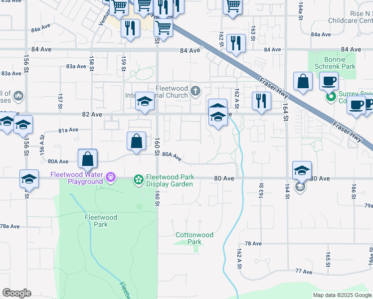 map of restaurants, bars, coffee shops, grocery stores, and more near 8086 161 Street in Surrey