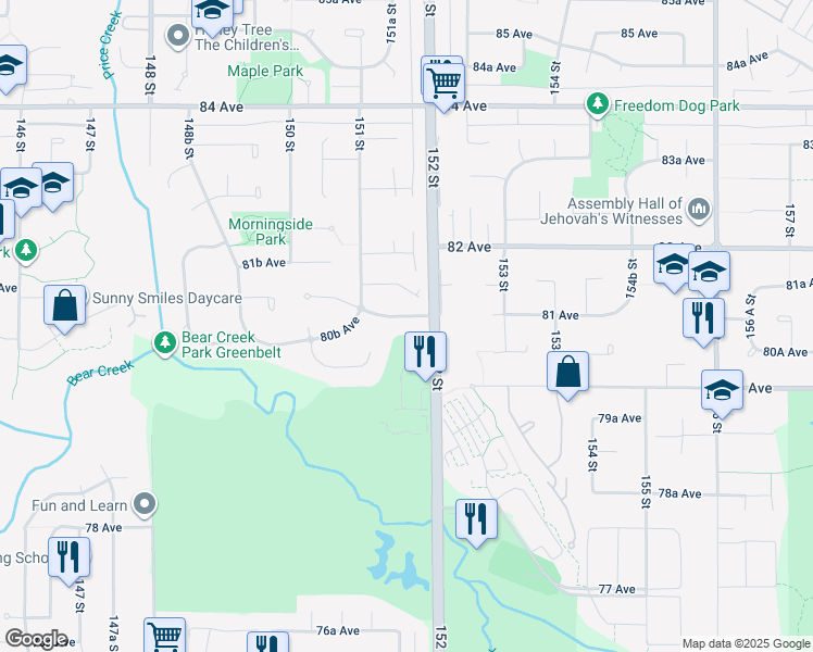 map of restaurants, bars, coffee shops, grocery stores, and more near 15160 81 Avenue in Surrey