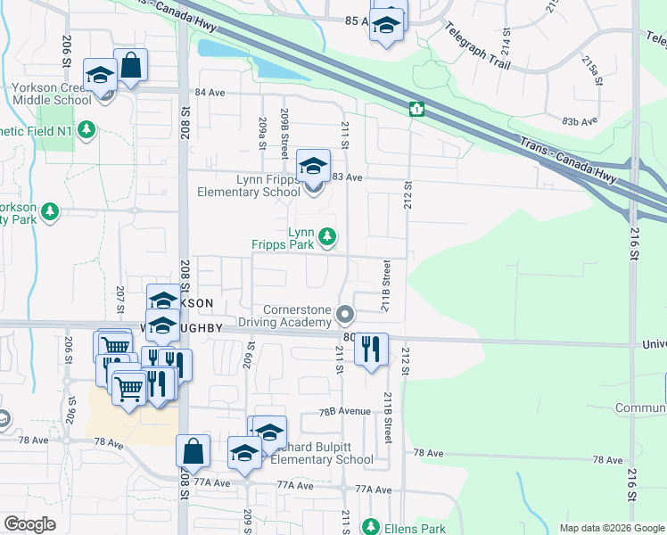 map of restaurants, bars, coffee shops, grocery stores, and more near 8120 210A Street in Langley