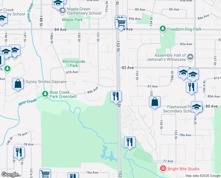map of restaurants, bars, coffee shops, grocery stores, and more near 15160 81 Avenue in Surrey