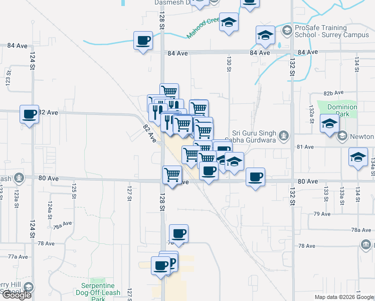 map of restaurants, bars, coffee shops, grocery stores, and more near 8128 128 Street in Surrey