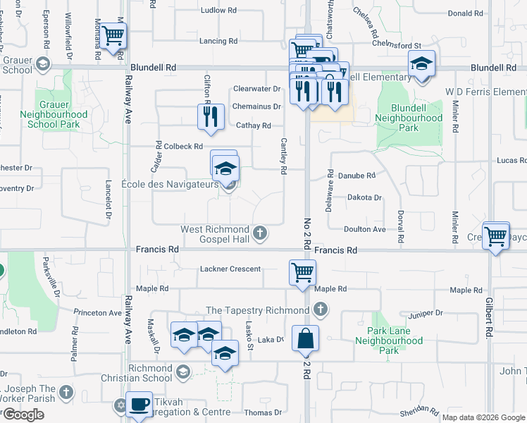 map of restaurants, bars, coffee shops, grocery stores, and more near 8700 Camden Crescent in Richmond