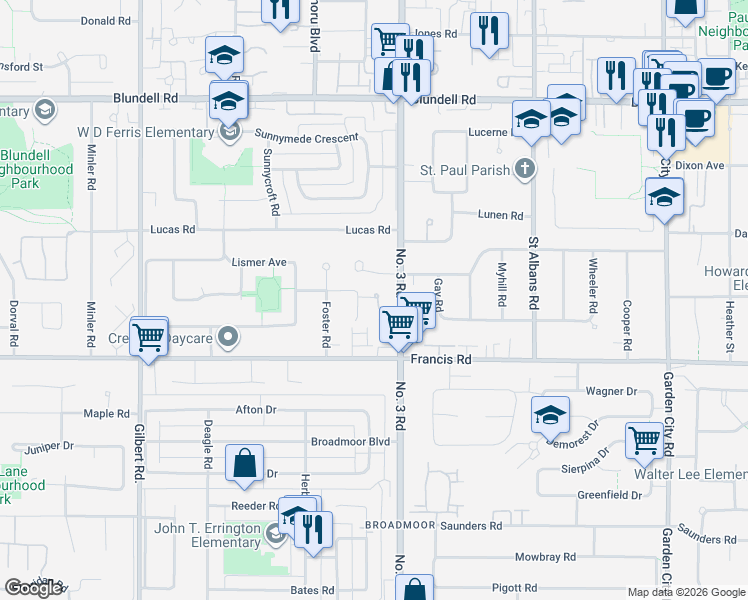 map of restaurants, bars, coffee shops, grocery stores, and more near 8631 Number 3 Road in Richmond