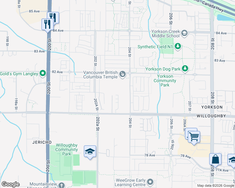 map of restaurants, bars, coffee shops, grocery stores, and more near 20329 80 Avenue in Langley Township