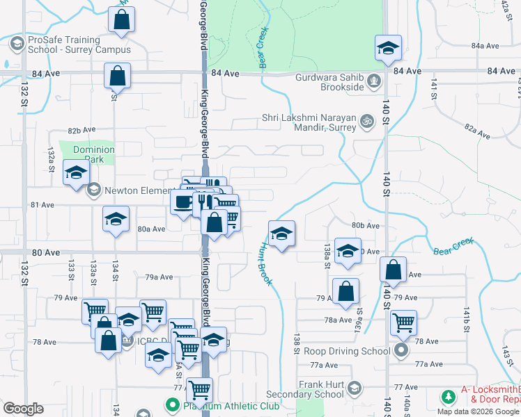 map of restaurants, bars, coffee shops, grocery stores, and more near 8078 King George Boulevard in Surrey
