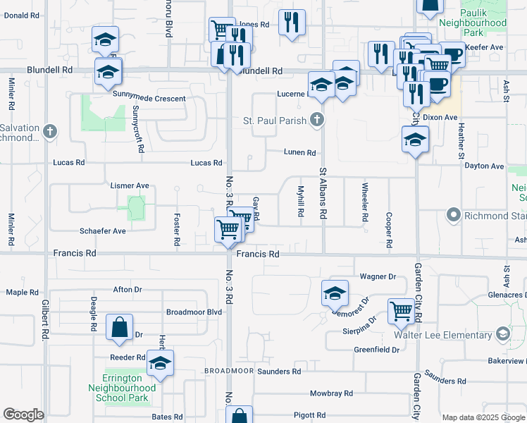 map of restaurants, bars, coffee shops, grocery stores, and more near 8820 Gay Road in Richmond