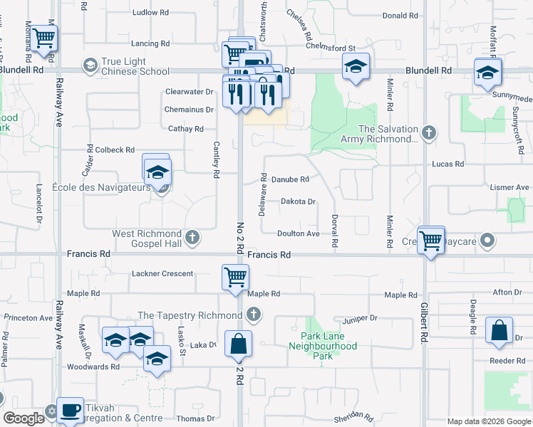 map of restaurants, bars, coffee shops, grocery stores, and more near 8640 Delaware Road in Richmond