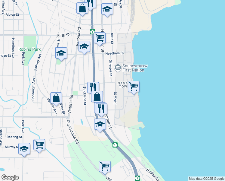 map of restaurants, bars, coffee shops, grocery stores, and more near 213 Eaton Street in Nanaimo