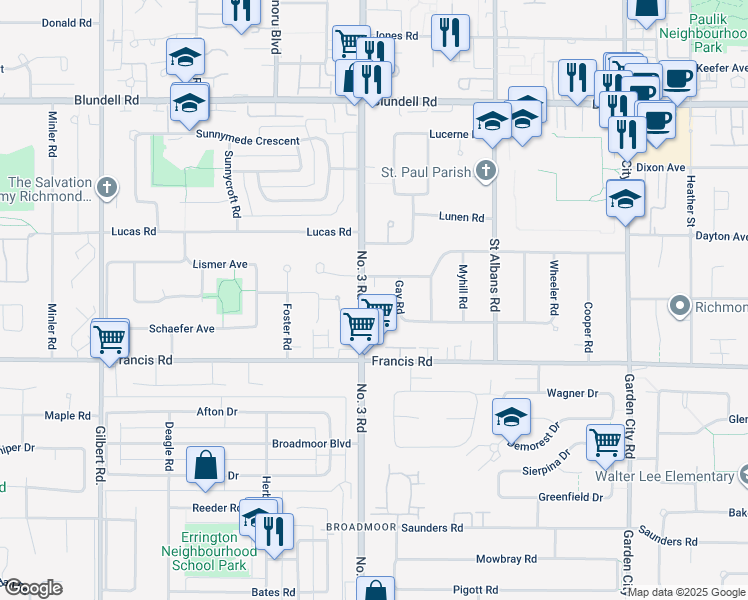 map of restaurants, bars, coffee shops, grocery stores, and more near 8600 Number 3 Road in Richmond