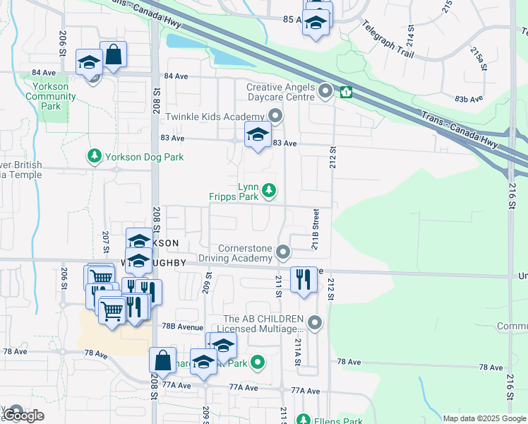 map of restaurants, bars, coffee shops, grocery stores, and more near 8121 210A Street in Langley Township